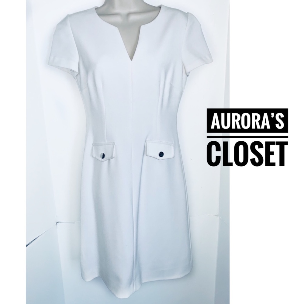 Caroll Paris XS White Shift Dress Cap Sleeve V Neck Front Pockets FR 36